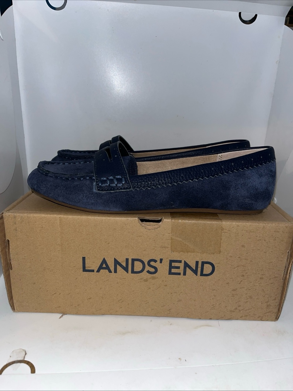 Lands’ End Suede Leather Moccasins Loafers Women’s 7 M Rubber Bottomed Blue